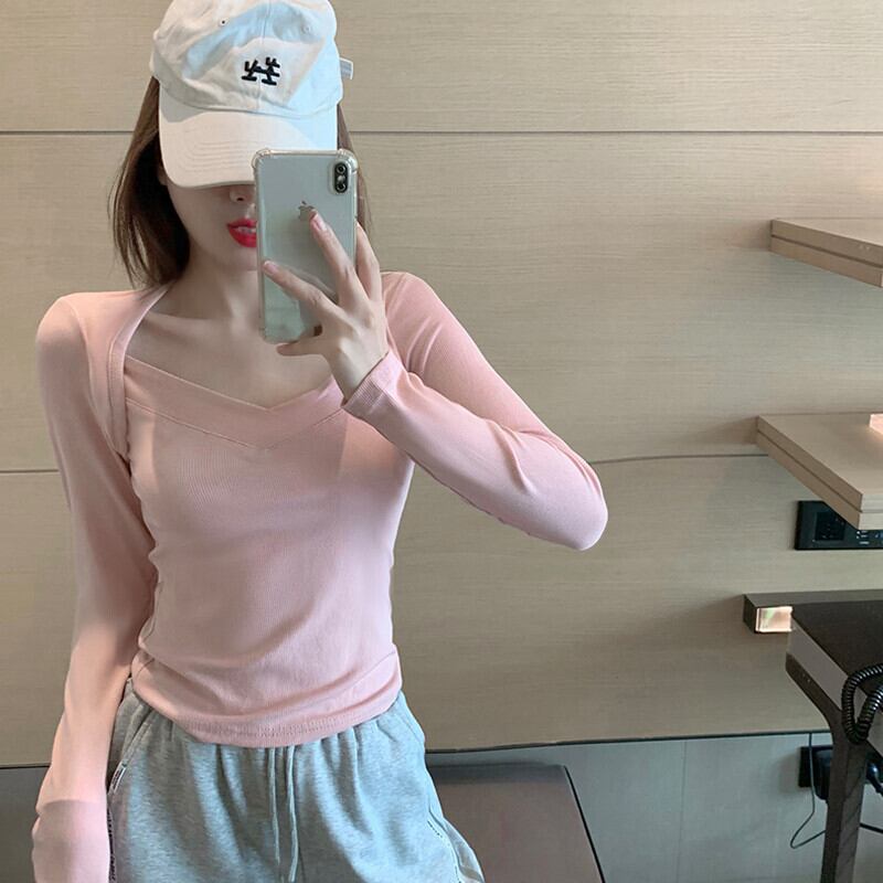 Tシャツ シャツ オータムカラースリムフィット薄手ジャケット スタイルショートソリッド ロング 秋物 ソリッドカラー スクウェア ガールズファッション69607201241