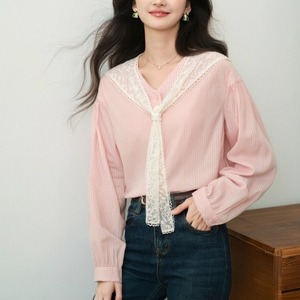 レースショールストライプVネックブラウス ・74488