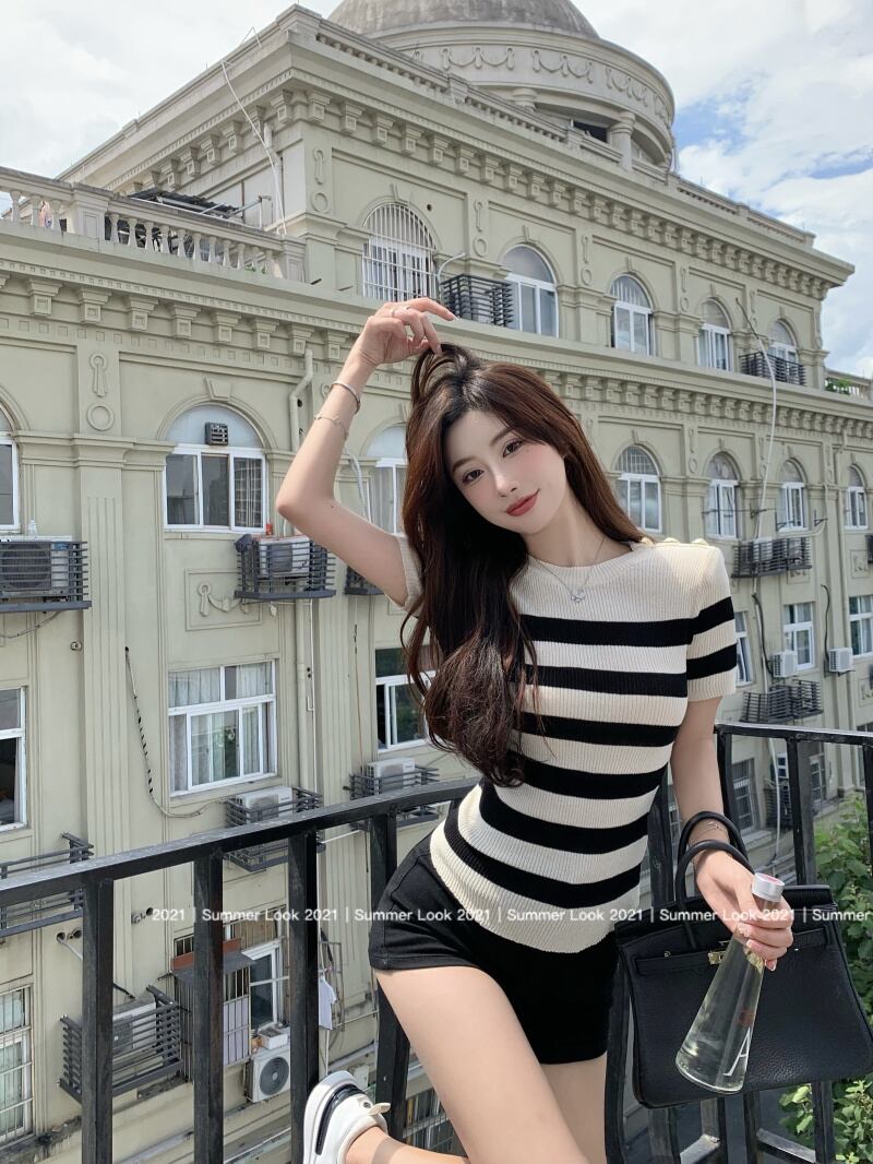 スリムストライプニットTシャツ サマー薄手ウェスト半袖スリーブトップス ショート ハーフスリーブ 夏物 ブラックストロベリース30828636631