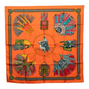 エルメス カレ90 CUIRS DU DESERT 砂漠の革飾り スカーフ オレンジ マルチカラー シルク レディース HERMES 【中古】