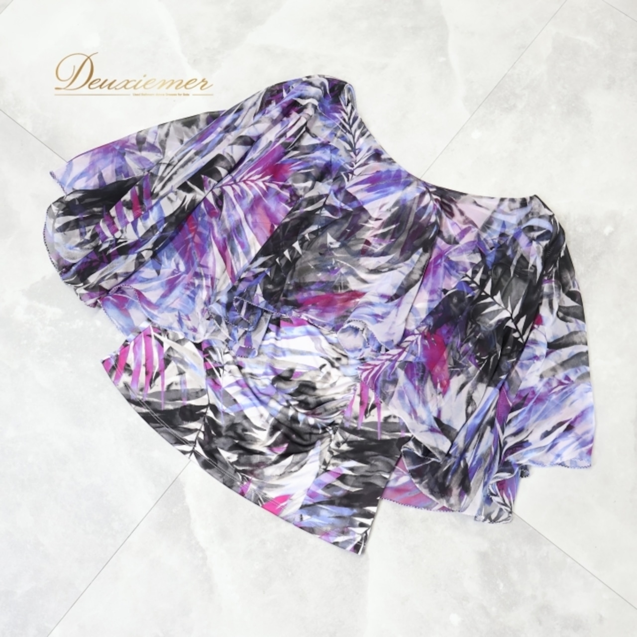 社交ダンス 衣装 トップス ブラウス パープル系 チャコットロイヤルダンス Chacott ROYAL DANCE フリル 日本製 紫 黒 白 上品 鮮やか 伸縮 ストレッチ 練習 レッスン パーティー かわいい イベント 葉っぱ柄 ホワイト系 ブラック系