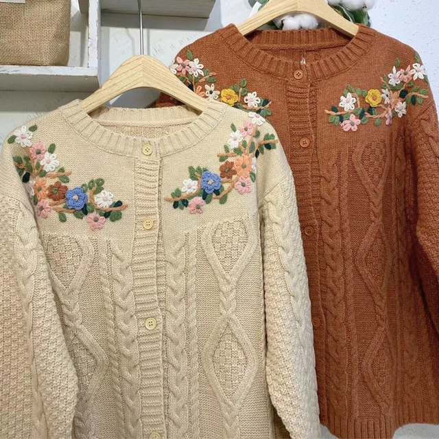 花柄かぎ針編みセーターカーディガン W0935