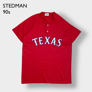 【STEDMAN】90s USA製 ベースボールシャツ Tシャツ MLB メジャーリーグ テキサス・レンジャーズ アーチロゴ Texas Rangers ラグランスリーブ L ヘンリーネック シングルステッチ ヴィンテージ US古着