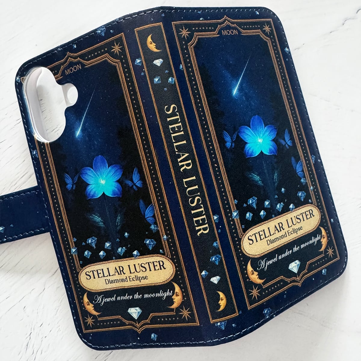 星空香水瓶 青い花とダイヤと蝶々 ラベル柄 スマホケース 手帳型