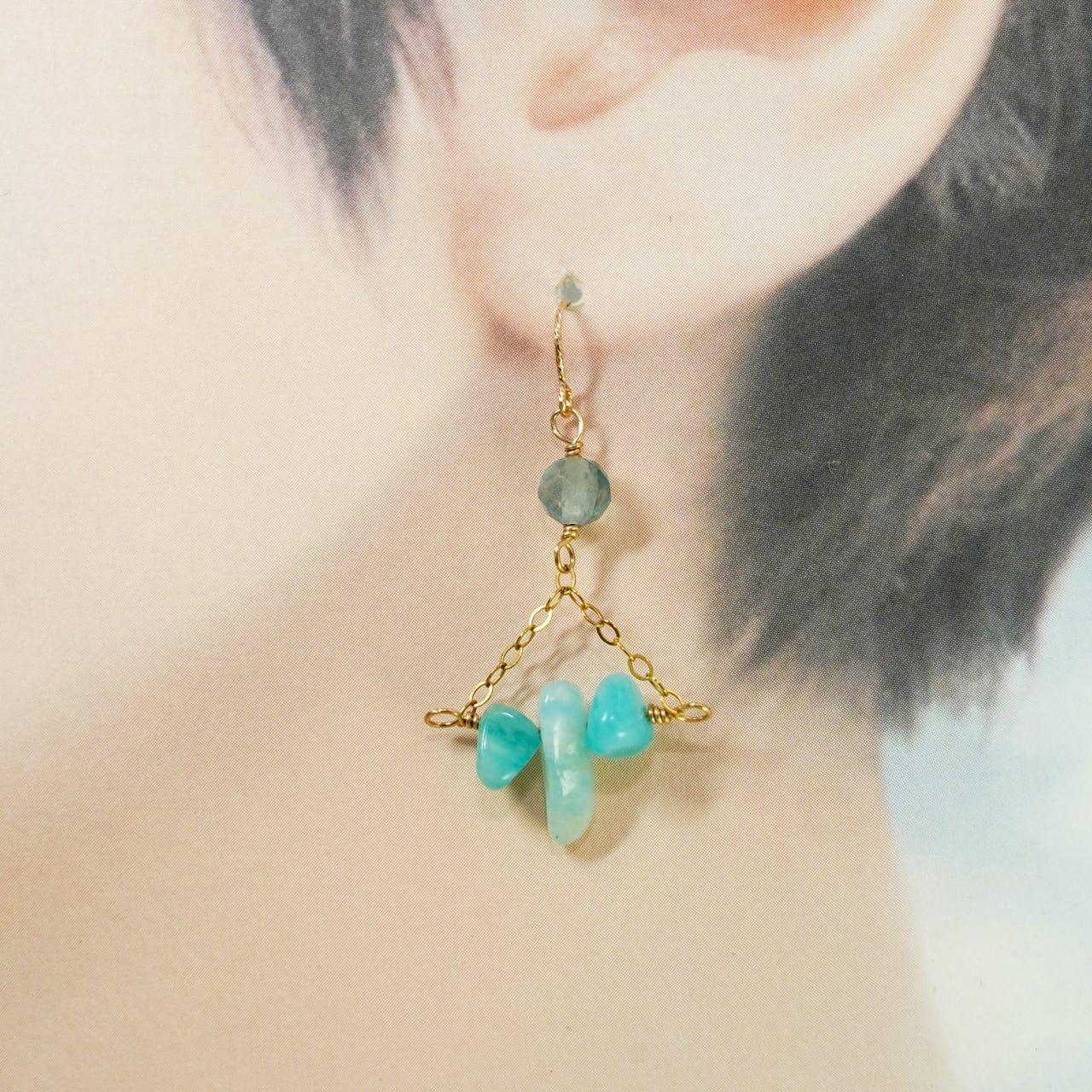 14kgf アマゾナイト ボリュームピアス 14KGF大粒アマゾナイトの極上マロンカットピアス ～青磁（せいじ