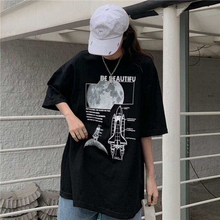 スタイルルーズTシャツ シャツ レディースロングサマーカジュアルスタンダードプリント コットン レトロ 夏物 ケッペル24944746754