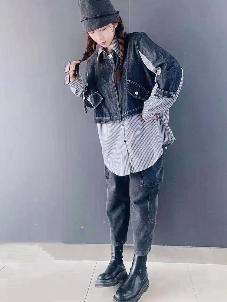 スプリングカジュアルルーズシャツ ダブルポケットストライプジャケット 春物 ステッチ ミックスインファッション31842910278