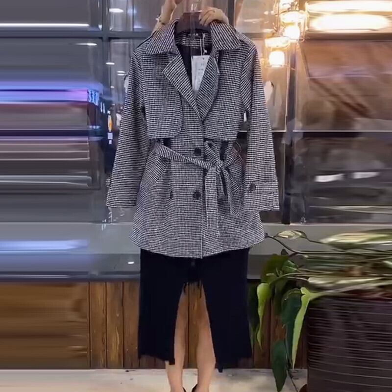 ラージサイズミドル丈チェック柄ベルトジャケットレディース秋の服2020ニュースタイル200kgシンプラスファットプラストップ ミックスインファッション74779275103