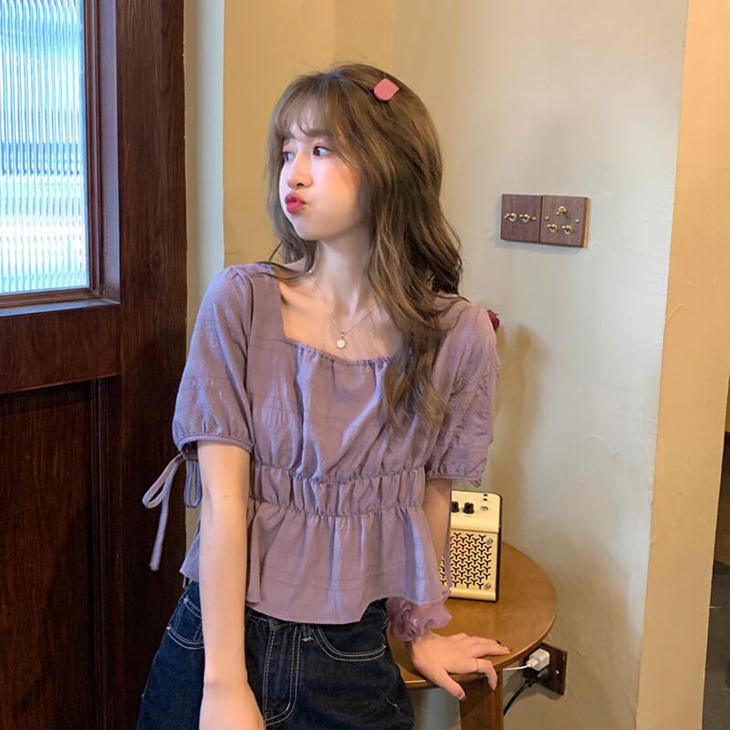 薄手カラーショートトップス シャツ サマーレディース 夏物 パープル スクウェア 試着室98270273937
