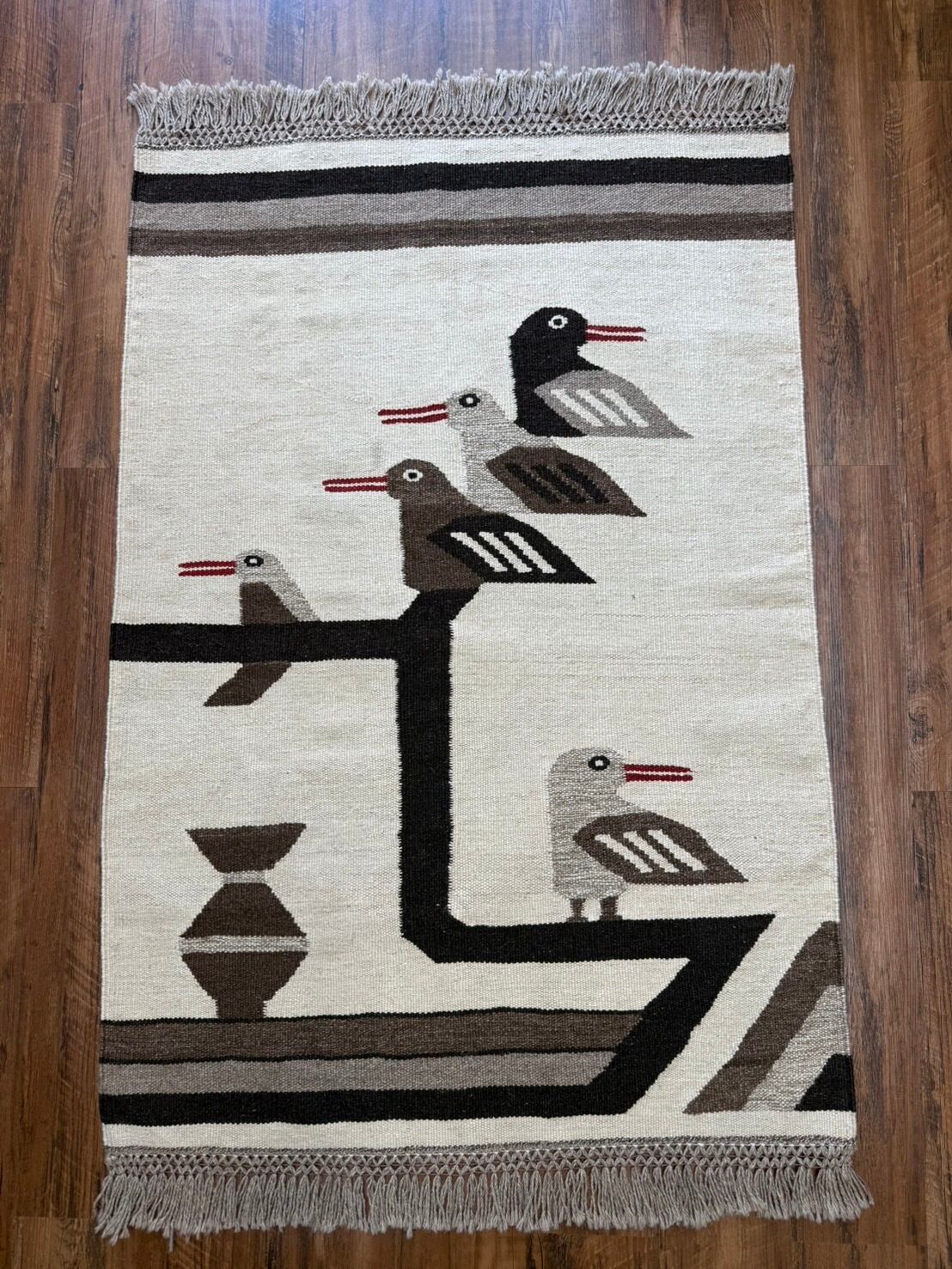 新品　ペルシャ絨毯　手織り　キリム　草木染め　ウール　鳥 ペルシャ キリム 手織り絨毯 size:128×92cm 新品 ペルシャ絨毯 手織り