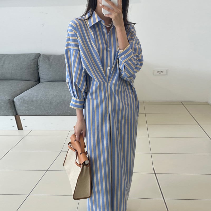 Striped pleated shirt dress in 2 colors S994
