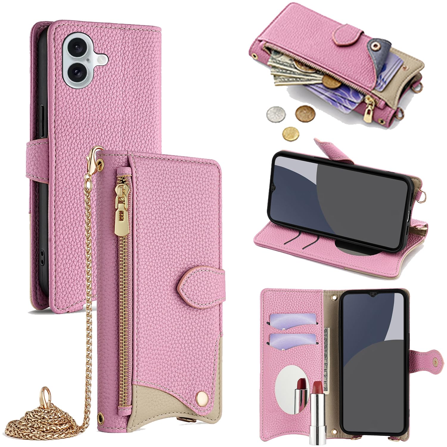 For iPhone 16 ケース 手帳型 ショルダー For アイフォン16 カバー 財布型 肩掛け 横+縦 2掛け方 斜めがけ 化粧鏡付き おしゃれ ジッパー小銭入れ カード収納 横置き ロングストラップ 耐汚れ PUレザー 防指紋 高耐久性 女性用 贈り物 COCOCLOUD ピンク01