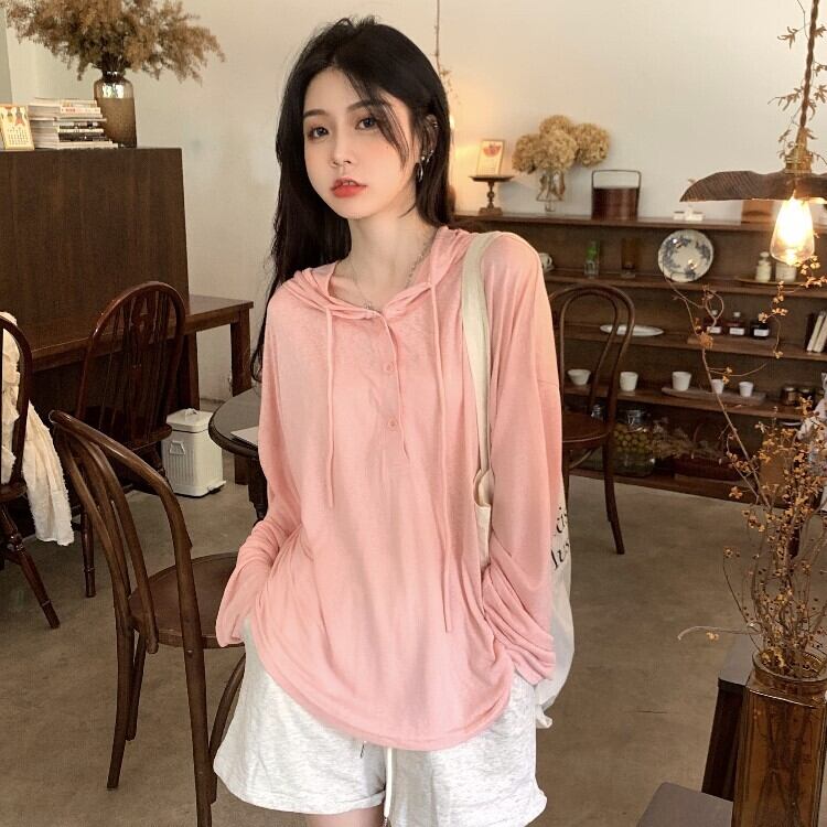 ブラック薄手フードTシャツ シャツ サマールーズ ロング 夏物 モンロー23247670813