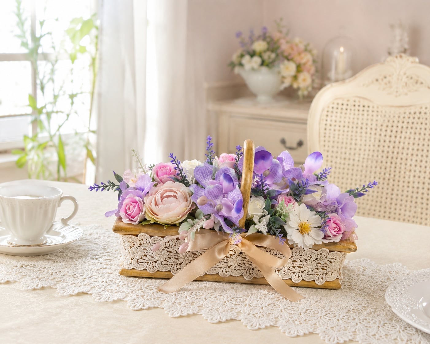 フラワーアレンジ【AR-004】ラベンダーの花かごアレンジ｜アーティフィシャルフラワー｜インテリアギフトフラワー｜卓上アレンジ｜プレゼント｜リビング飾り｜横幅約25㎝