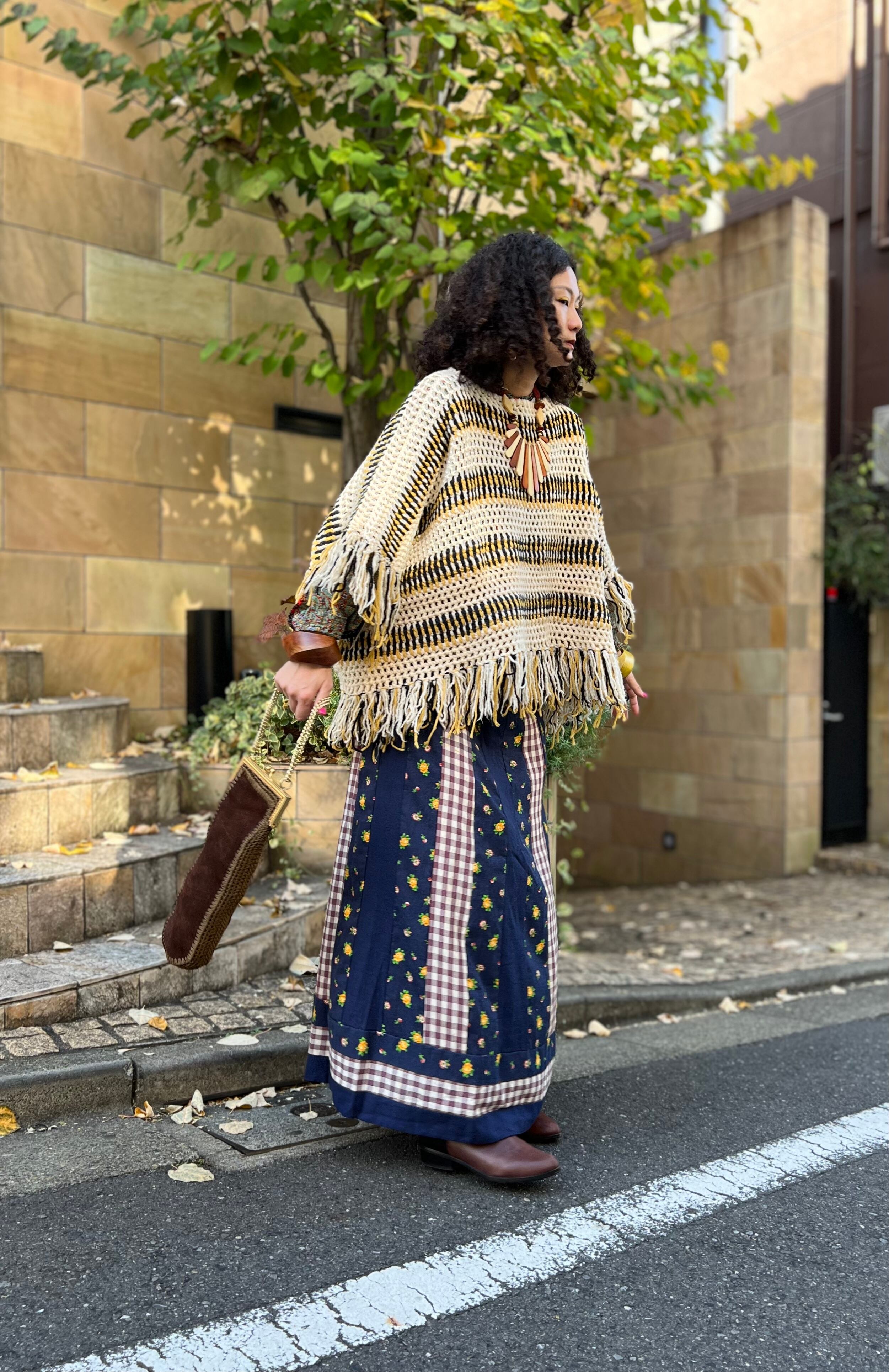 70s handmade navy floral × gingham check cotton long skirt