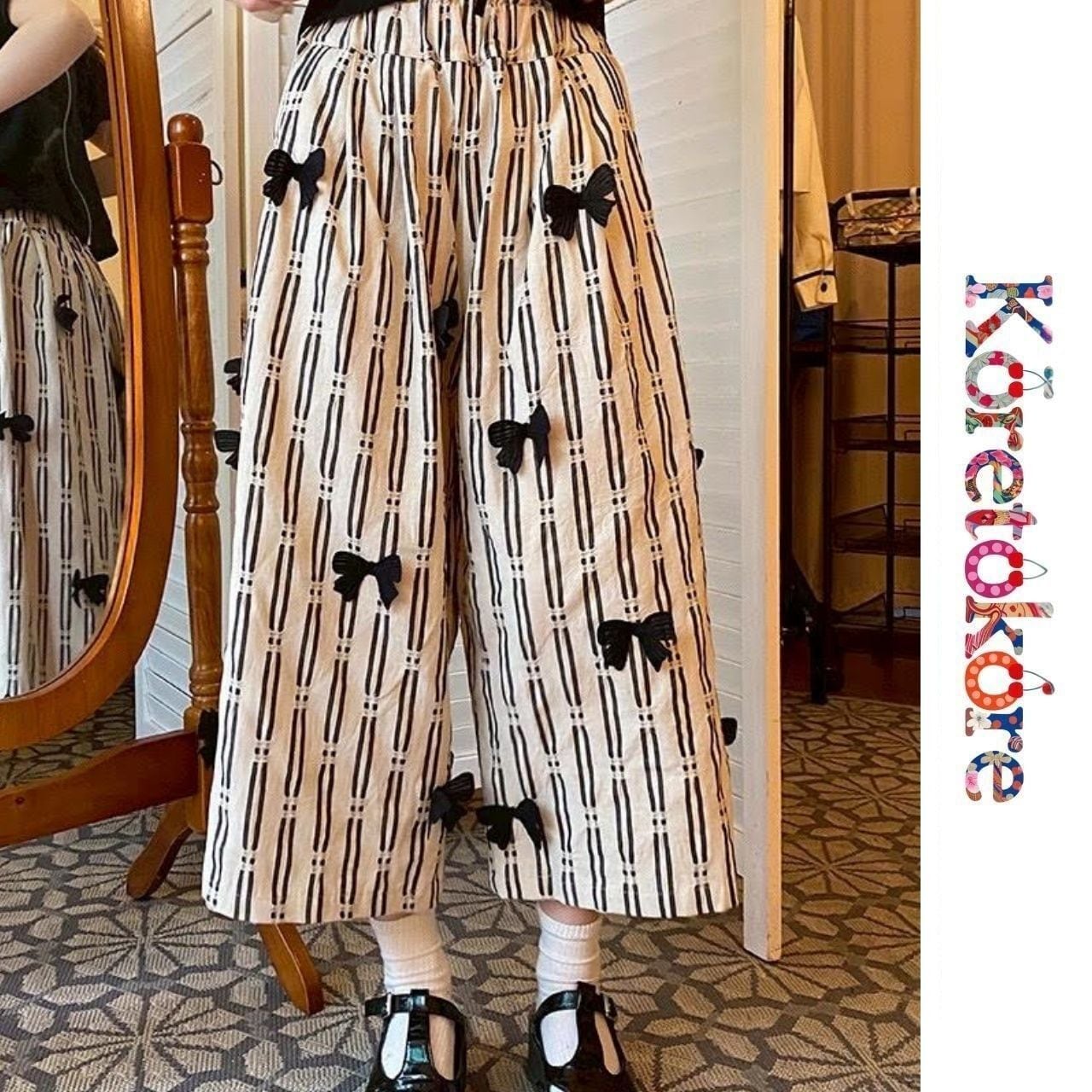 Mono Stripe Ribbon Wide Pants A1133