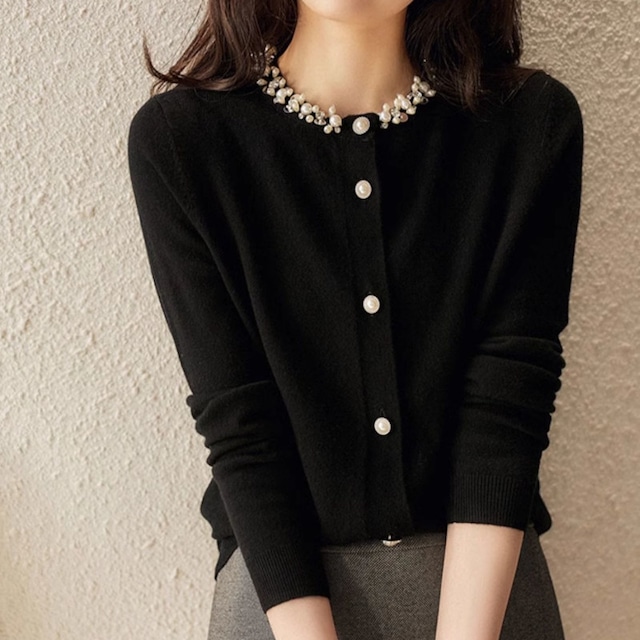 ビジューネックショートニットカーディガン 2type W00659