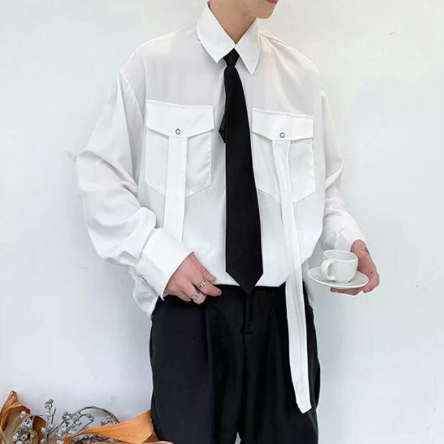 予約販売】シャツ 肩落ち 長袖 ネクタイ アウター メンズ ブラック