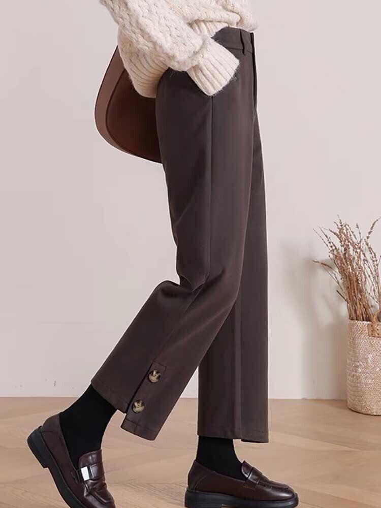 クロップド丈裾ボタンストレートパンツ オフィス きれいめ 9分丈 シンプル ボトム 大きいサイズ 韓国 CH6855