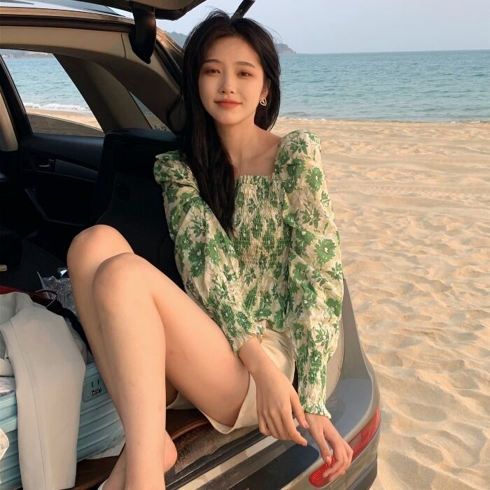 フローラルシャツ レディーススタンダードスプリングルーズショートトップス ロング レトロ 春物 花柄 モンロー35947138563