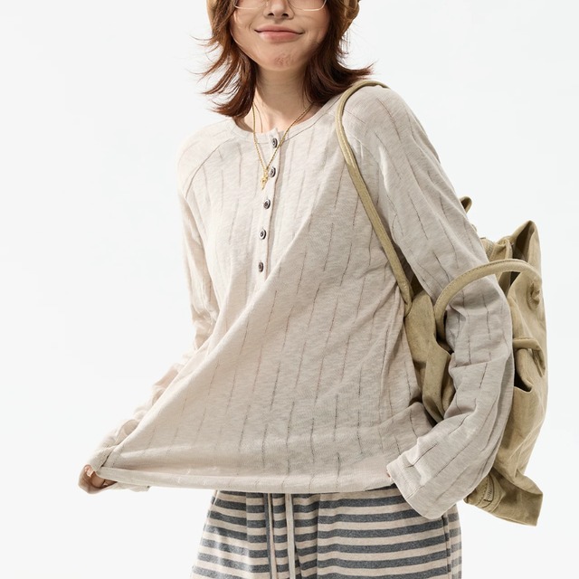 random-line henley veck long tee　ランダムラインヘンリーネックロングティー　J2111