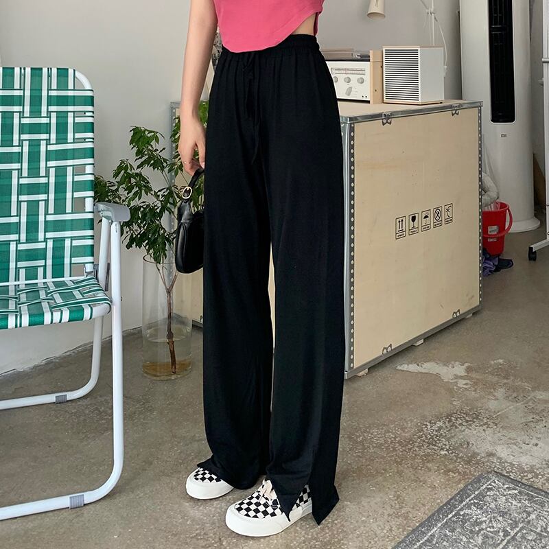 ブラックストレッチウェストカジュアルパンツ サマー薄手ハイウェストルーズ エラスティック 伸縮 夏物 モンロー13944923391