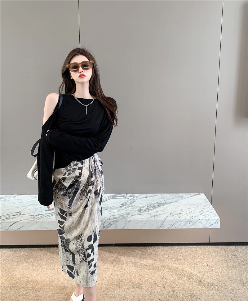 スカート ハイウェストウェストサマープリント 夏物 ブラックストロベリース82219729056