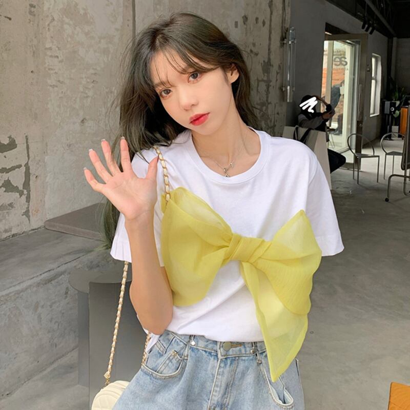 リボンTシャツ レディースサマースタイル薄手トップス 大人ガーリー スウィート キュート カジュアル 夏物 萌量不足97049353820