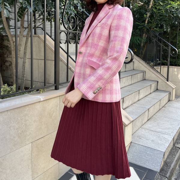 ピンク マドラスチェック×ベルベット テーラードジャケット アイボリー