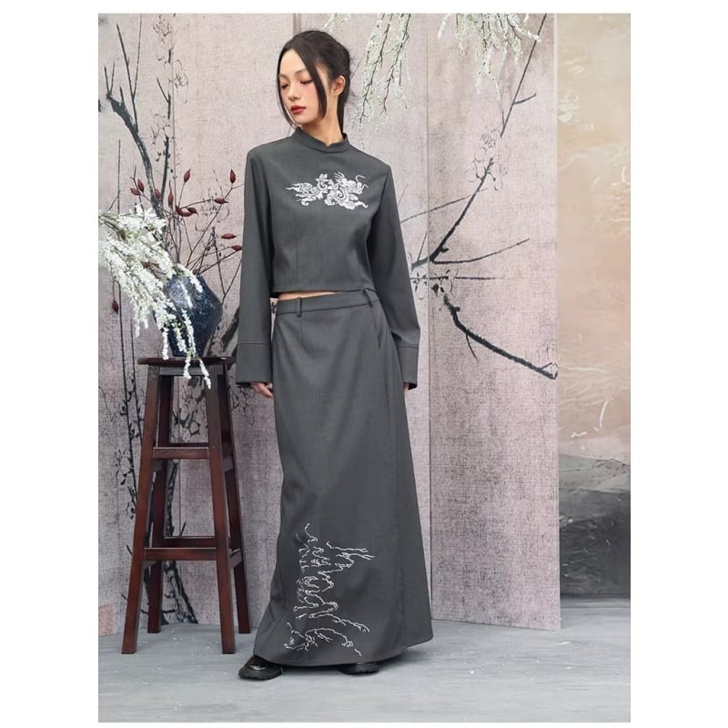 ✿銀の雲刺繍が映える、新中式スカート！【大青龍肆シリーズ