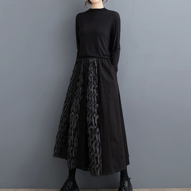 BLACK FRILL RIBBON LINE TIMMED A-LINE LONG SKIRT 1color M-8565