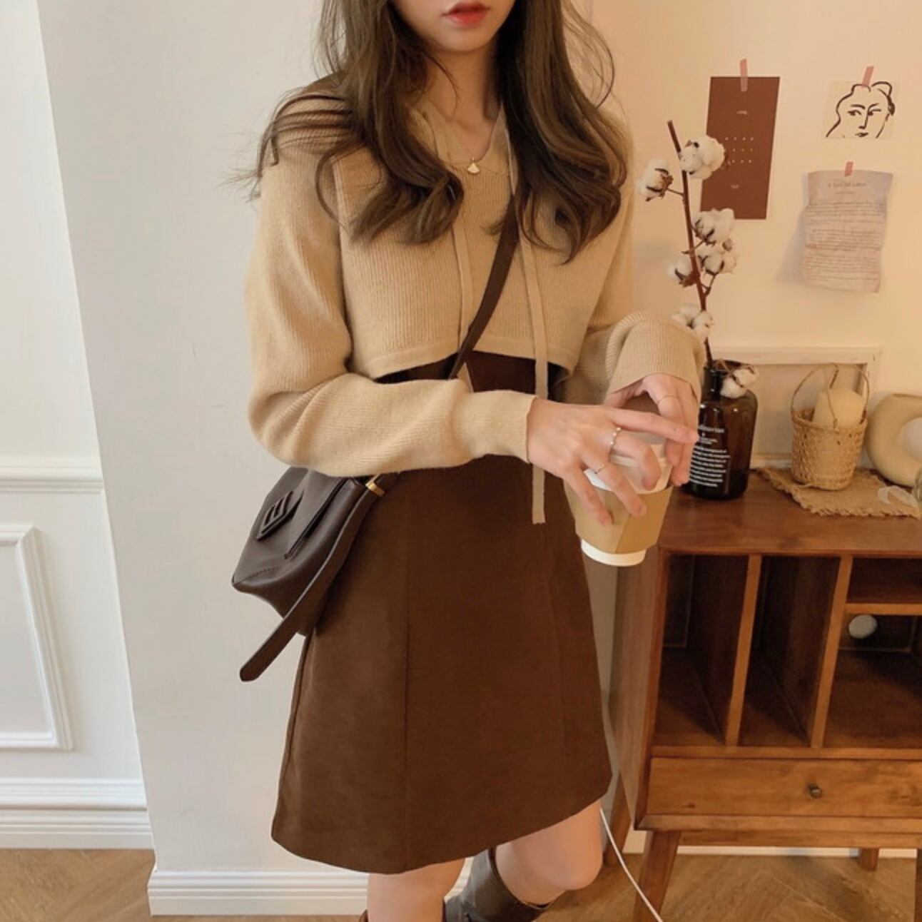 脚長 モテ セットアップ 2点セット キャミ ワンピース ショート丈 ニット パーカー Aライン スタイルアップ デート 可愛い Lamitte Deco トレンド 韓国ファッション ショップ Base店