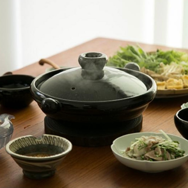 弥生陶園/丸土鍋(むしスノコ付き) 天目釉