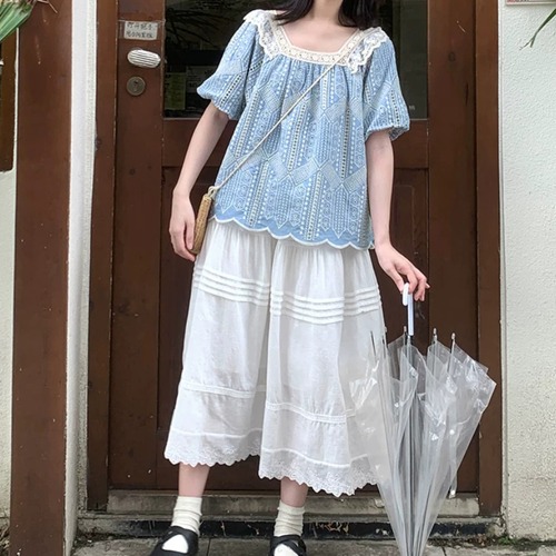 レース切り替え刺繍スカラップブラウス ・12020