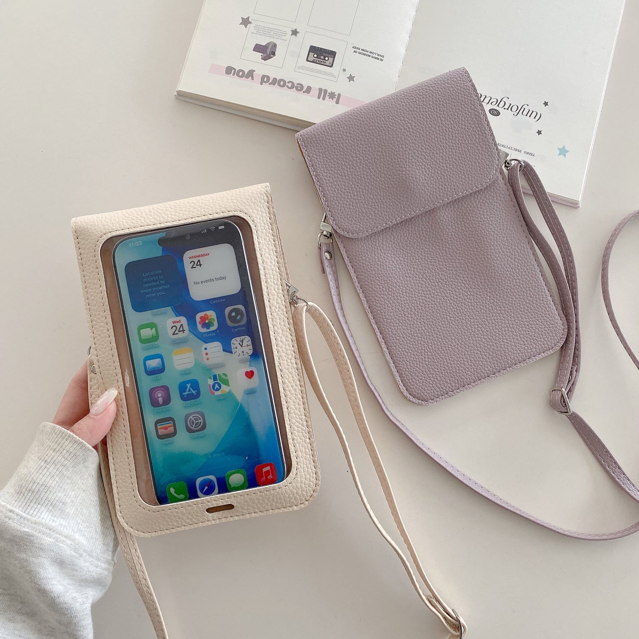 12色展開 本革風 スマホショルダー スリム ポシェット 操作できる