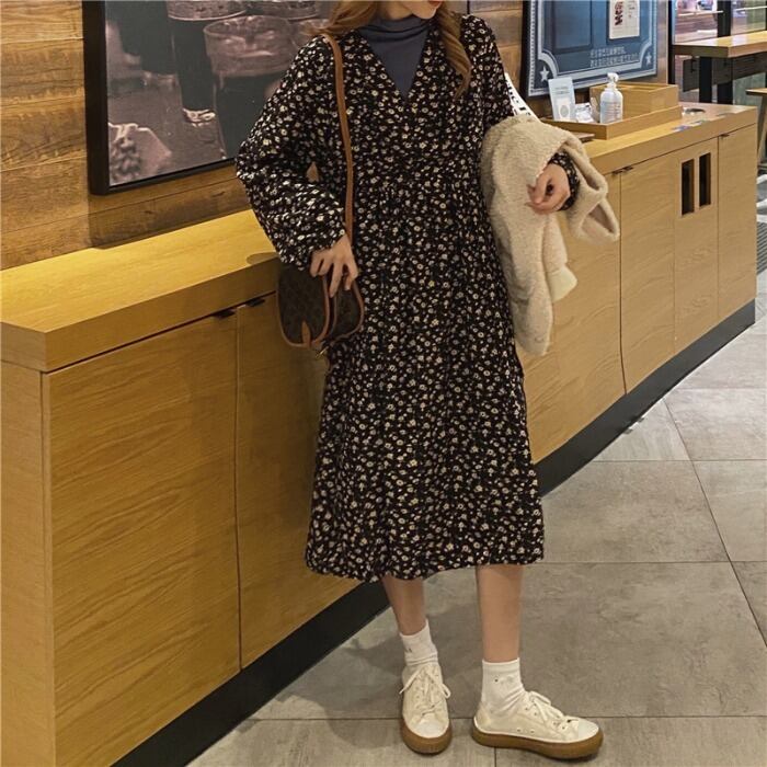 スプリングVネックフローラルドレス スタンダードAラインスカート ロング レトロ 春物 花柄 1号婦人88121890697