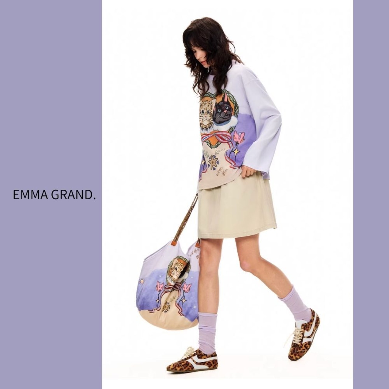 星飾りのハートフレームに結ばれた黒猫と豹の友情の肖像トートバッグ E00650