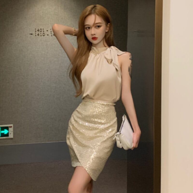 ストラップレスホルターシャツ ハイウェストウェストスパンコールスカート ハンチェンe35657703469