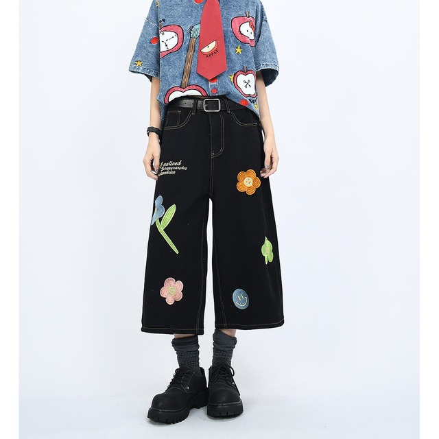 フラワーパッチクロップドデニムパンツ 2col   R02404