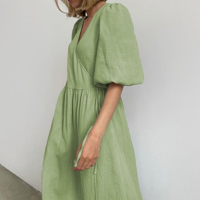 Wrap-style V-neck Puff Sleeve Midi Dress  00032