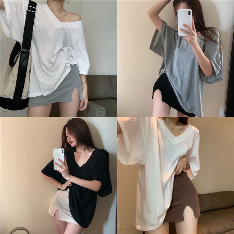 スタイルルーズカジュアル薄手VネックTシャツ サマーホワイトトップス ロング かわいい 夏物 ブラックストロベリース37547307580