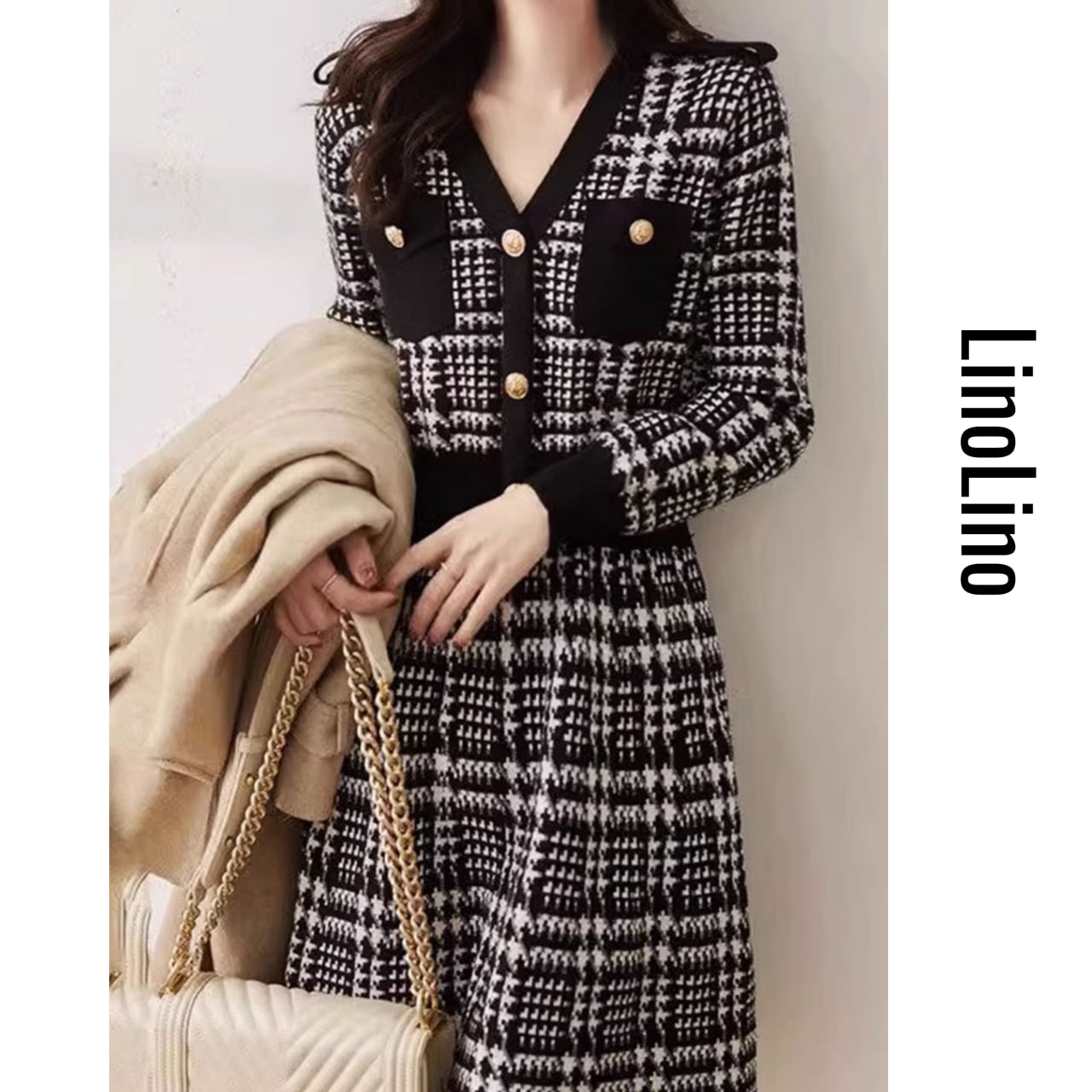 Checkered Tweed Button Onepierce L00710