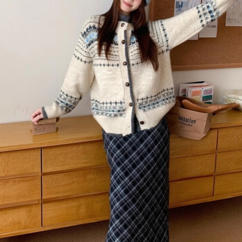 2色／ノーカラーノルディック柄カーデ ・9484