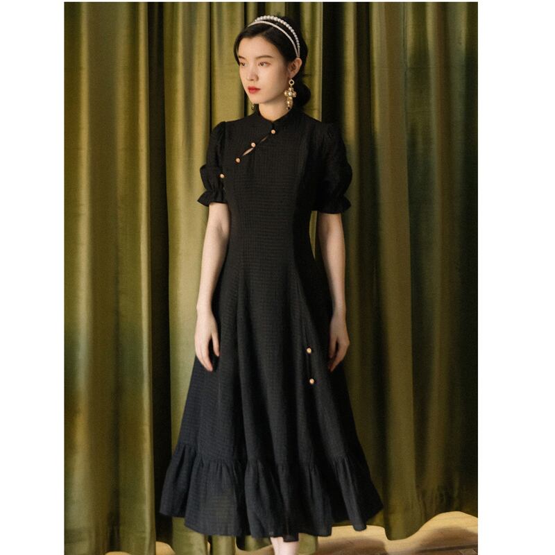 Sianmiシリーズ チャイナ風ワンピース 着痩せ 改良型チャイナドレス Aライン ブラック 黒い Elegant