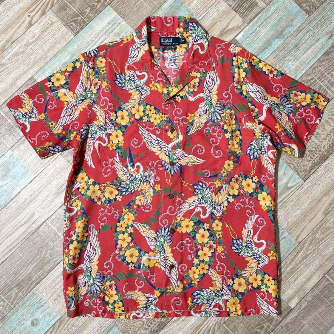 ラルフローレン90s CLAYTON オープンカラーシャツ 和柄 あかい 花柄 開襟