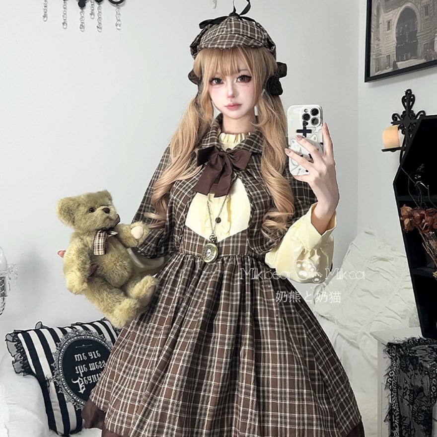 セットアップ 5点セット チェック柄 帽子 ケープ付き クラシカル