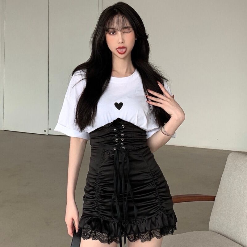 オータムプリントTシャツ スタンダードハイウェストレーススカート レトロ 秋物 ステッチ YY-ファッション72258942772