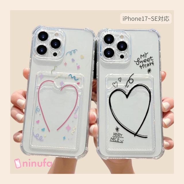 【iPhone17-SEまで対応】ハートの中に推しをいれちゃお◎カードホルダー付きクリアケース 手描き イラスト 透明 スマホケース ND-16189