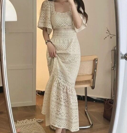 ワンピース ワンピドレス ロング ロング丈 袖あり 半袖 5分袖 五分袖 ボリューム袖 パフスリーブ スクエアネック 襟なし レース 透け感 かわいい 大人可愛い きれいめ カジュアル 大人 上品 おしゃれ お洒落 アジアン ラブリー キュート エレガント 春 夏 秋 10代 20代 30代 レディース 女性用 学生 通学 デート お出かけ 公園デビュー 女子会 お泊まり 休日 パーティー イベント リゾート S M L XL 2XL 3XL 4XL 大きいサイズ くすみカラー 大人カラー