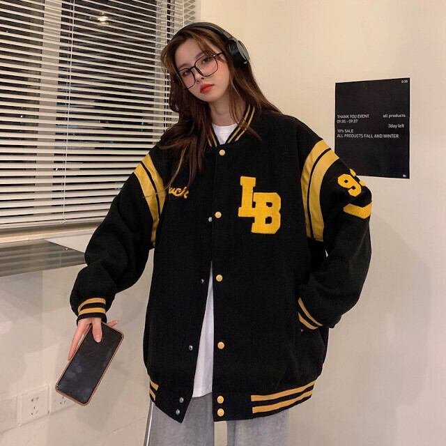 スタジャン レディース アウター オーバーシルエット メンズライク ストリート カジュアル ロゴ ブラック/ベージュ M/L/XL